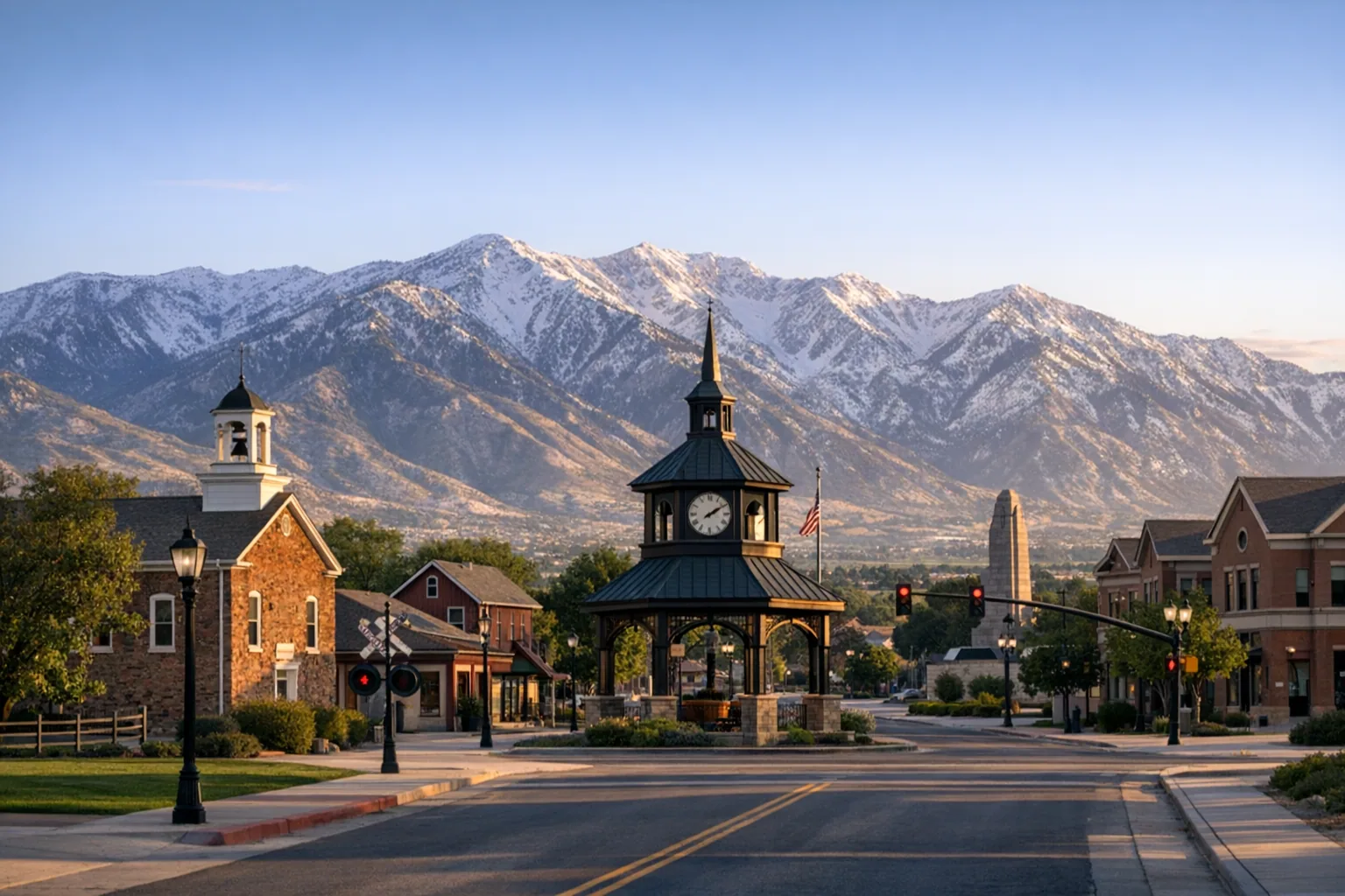 Downtown West Jordan, Utah with the Wasatch Mountains behind